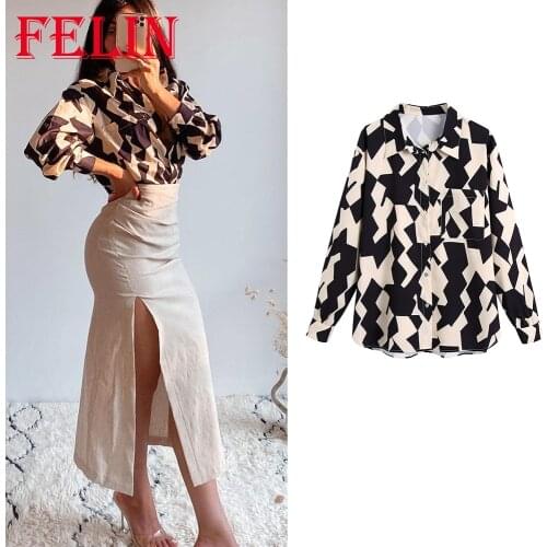 Za 2021 Vintage Geometric Print Vintage Oversized Women Shirts Single Button Fashion Autumn Chic Blouses Elegant Mujer Tops