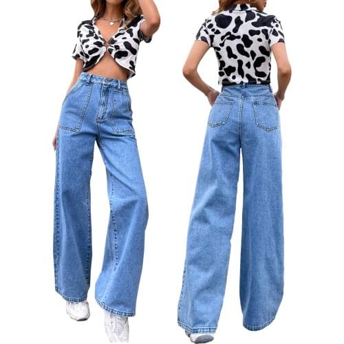 2021 New Female Jeans, Girls Solid Color High Waist Trousers Straight-Leg Pants with Pockets for Spring Fall, XS/S/M/L