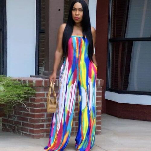 Tie Dye African Clothes Women Jumpsuit Lace Up Strapless Rompers 2021 Summer Street Style Sexy Wide Leg Pants African Jumpsuits