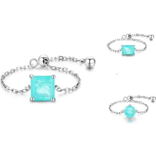 QTT Paraiba Tourmaline Gemstone Rings For Women Round Square Finger Ring 925 Sterling Silver Chain Ring Wedding Gift Jewelry