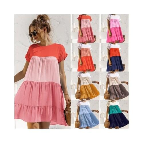 Elegant Splicing Ruffles Short Sleeve O-neck Loose Dress Female Casual Patchwork Color Vestidos Clothes Summer Dress For Women