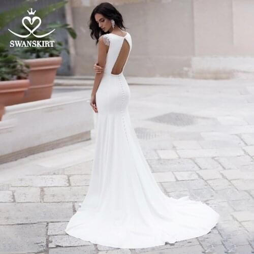 Beaded Open Back Wedding Dress 2021 Scoop Satin Mermaid Court Train Customized Bridal Gown SwanSarah N136 Vestido De Novia