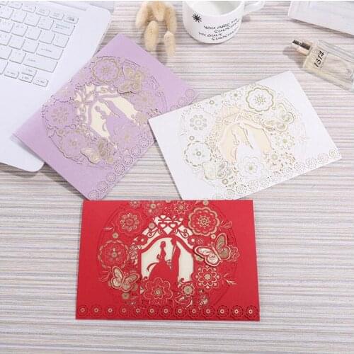 100pcs 4 Color Laser Cut Bride and Groom Wedding Invitation Card Marriage Greeting Card Envelopes Wedding Party Favor Decoration