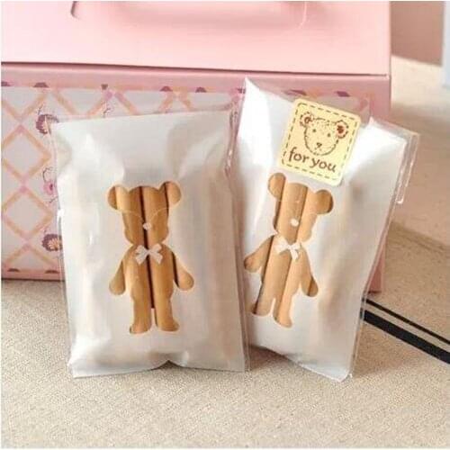 100Pcs 7.5*10cm Cute Bear Biscuit&Candy Packing Bag,Self-adhesive Plastic Packaging Bags,Small Jewelry Packaging Bags