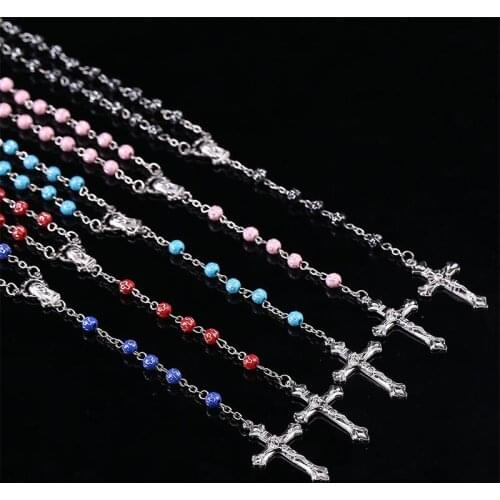 6mm Imitation Pearl Rosary Cross Rosary Necklace Saint Benedict Cross Necklace, Virgin Mary Center Jesus Cross Necklace