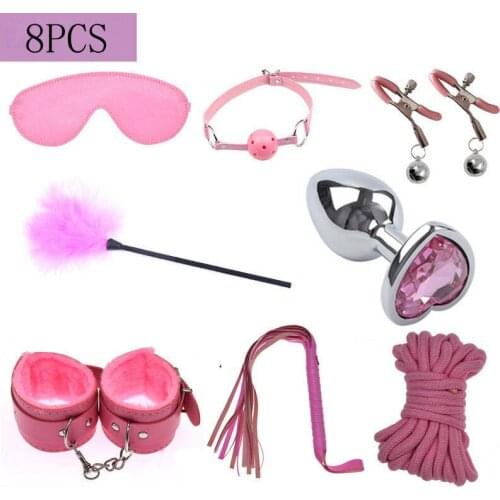 8Pcs Butt Anal Plug Handcuffs Whip Bdsm Bondage Set Erotic Sex Toys Nipple Clamps For Adult Women Men