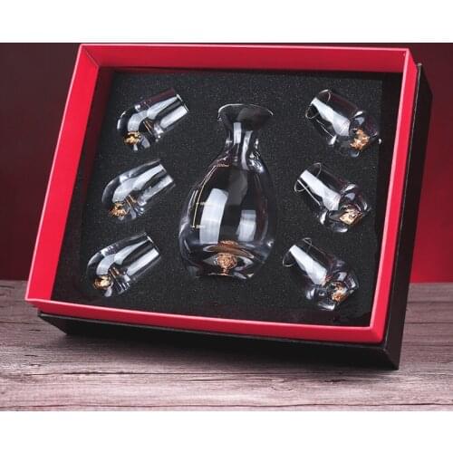 Noble Crystal Embedded 24K Gold Foil Shot Glass Wine Decanter Set Vodka Liquor Spirit Sake Mini Cup Divider Pot Flagon Gift Box