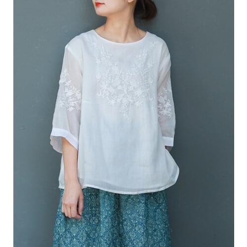Women Spring Summer Double Layer Ramie Blouse Ladies Vintage Embroidered Loose Shirt Tops Female 2021 Ramie Shirts