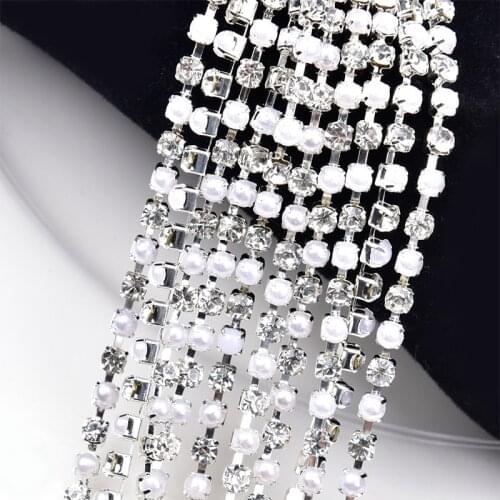 High-Quality 3Mm Rhinestone Pearl Cup Chain Crystal Diamond Silver Base 5 Yard/Lot For Garment Diy Wedding Dress Accessories