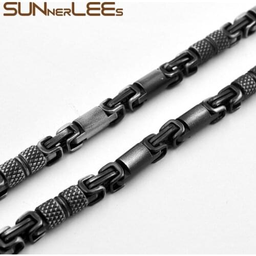 SUNNERLEES 316L Stainless Steel Necklace 6mm Geometric Byzantine Link Chain Retro Black Color Men Women Gift SC42 N
