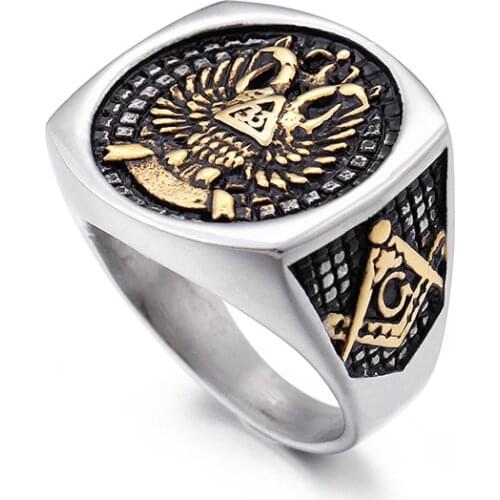 European and American Masonic Ring Mens Stainless Steel Double Eagle Head Popular Foreign Trade Jewelry
