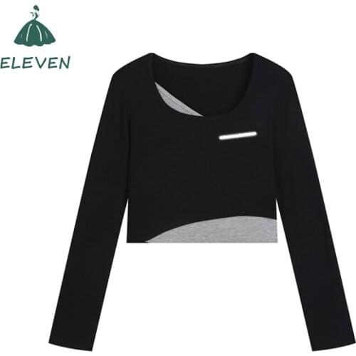 New Fake Two-piece Short Long Sleeve T-Shirt Womens Harajuku High Waist Pullover American Hot Girl Splicing Top