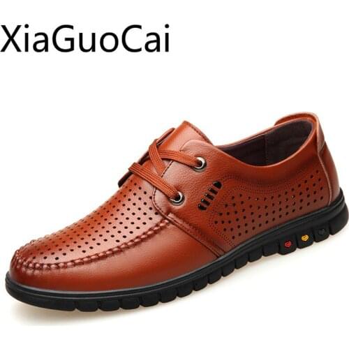 Summer Mens Leather Casual Shoes Hollow Air-permeable Business Mens Formal Flat Shoes Soft-leather Male Casual Sneakers