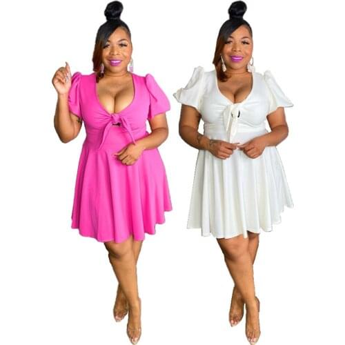 Chiclover Summer Clothes Woman Dress Wholesale Plus Size Casual Sweet Bow Dresses Puff Sleeve Loose Draped Dress Dropshipping
