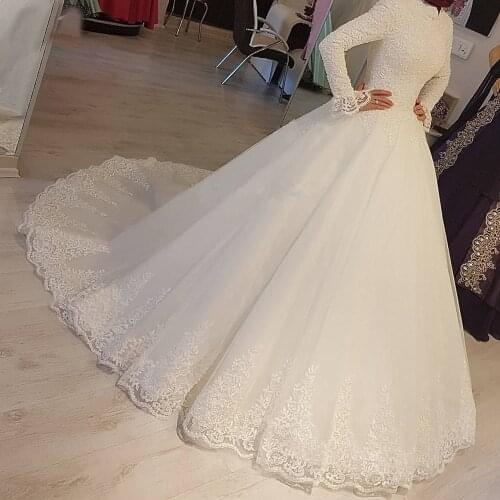 Long Sleeve Muslim Wedding Dresses for Bride 2021 Moroccan Caftan Ball Gown Lace Appliques Wedding Bridal Dress