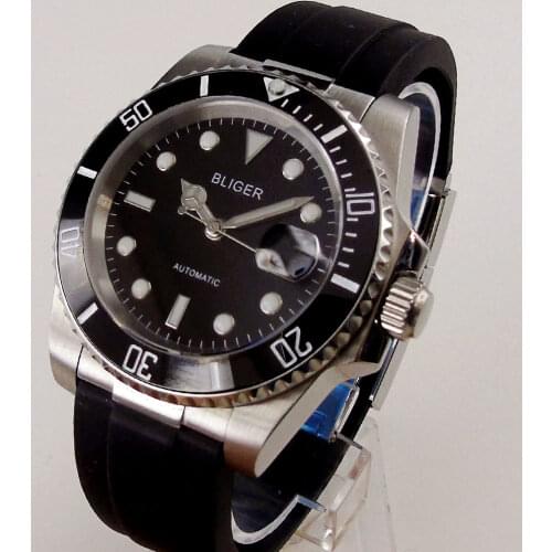 BLIGER Black SUB 40MM Mechanical Men Watch NH35A Movement Ceramic Insert Rubber Strap Screwdown Crown Sapphire Crystal