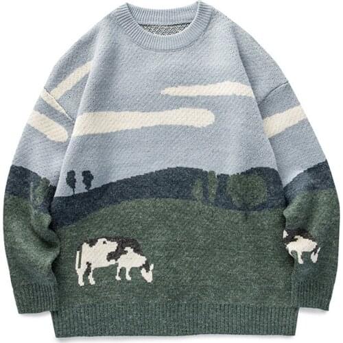 Men Cow Vintage Winter Sweater Pullover O-Neck Korean Knitted Sweater Women Casual Harajuku Couple Knit Streetwear Oversize