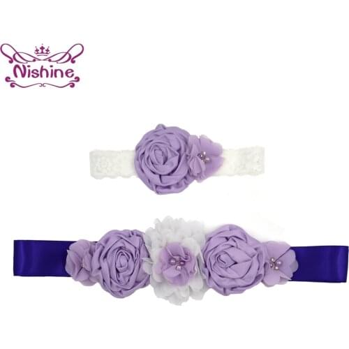 Nishine Hand Sewning Beads Flowers Sash and Headband Set Fashion Chiffon Floral Women Belts Lace Hairband Maternity Photo Props