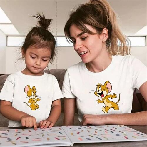 2021 New Summer T Shirt Family Matching Clothes Cat and Mouse Kawaii Print Tshirt Father Mother Kids Short Sleeve O-neck T-shirt