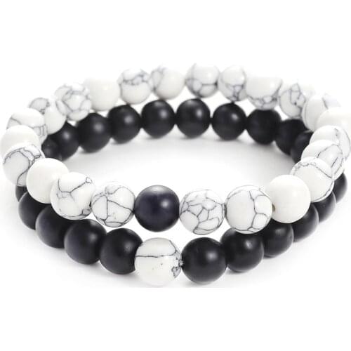 New Charm Couple Bracelet 8mm Black White Natural Lava Stones Beads Beaded Bracelets Bangles For Men Women Jewelry Pulseras