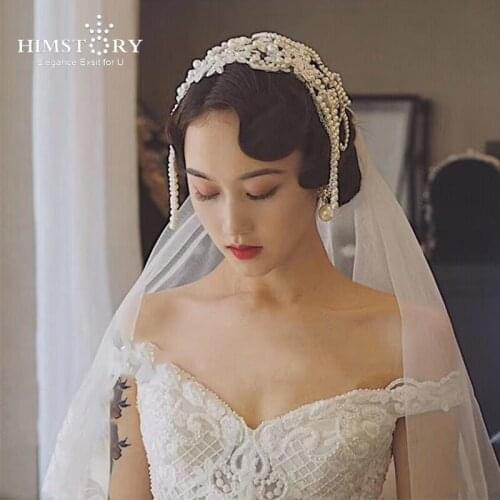 HIMSTORY Handmade Lace Flower Brides Hairbands Pearls Brides Tiaras Headwear Wedding Hairbands