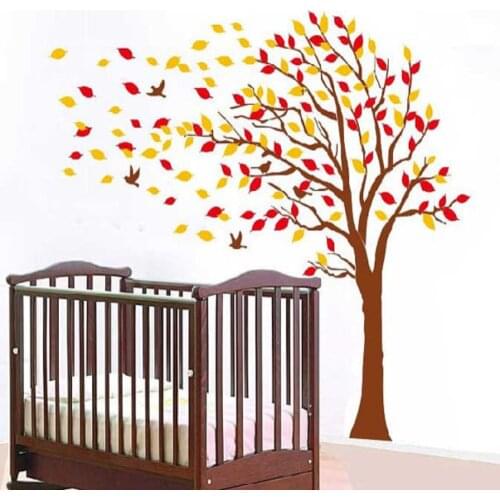 Autumn Tree Falling Leaves And Flying Birds Vinyl Wall Decals Kids Room Decor Hanging Red Orange Wind Floating Fall Decla D-314