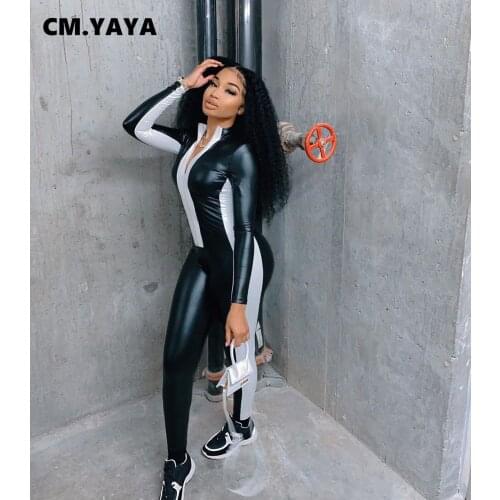 CM.YAYA Autumn Faux Leather Patchwork Bodycon Long Sleeve Jumpsuit Women Active Moto Biker Zipper PU Romper One Piece Overall