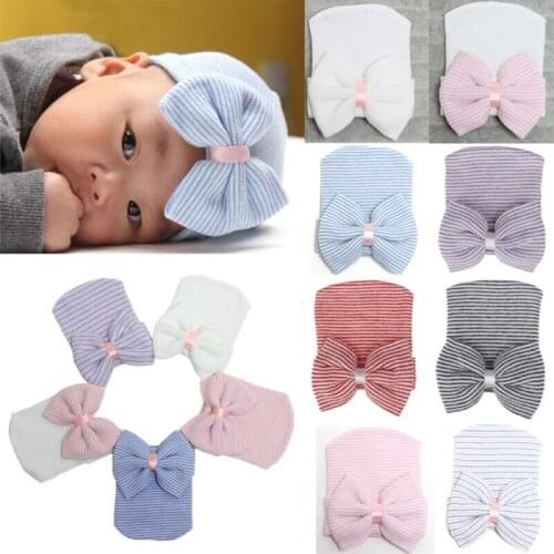 Newborn Infant Baby Girls Striped Headband Headwear Toddler Soft Beanie Hat Cap with Bow