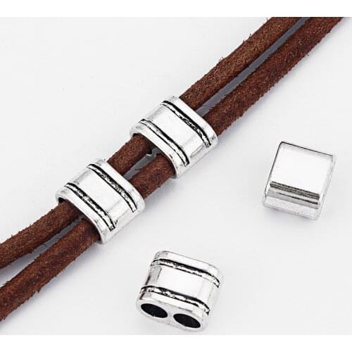 10pcs Square Charms Slider Spacers For 5.5mm Round Leather Cord Double Hole Bracelet Making Jewelry Findings