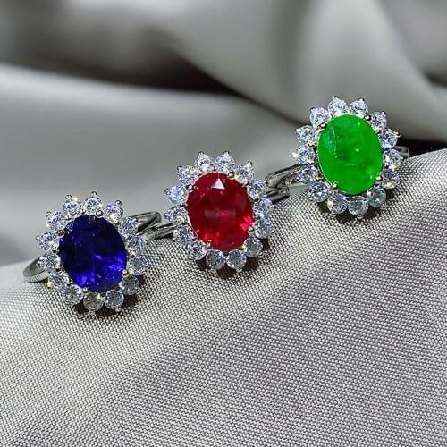 Luxury 925 Sterling Silver 8*10mm Paraiba Tourmaline Sapphire Ruby Emerald Stone Rings For Women Lab Diamond Fine Jewelry Gifts