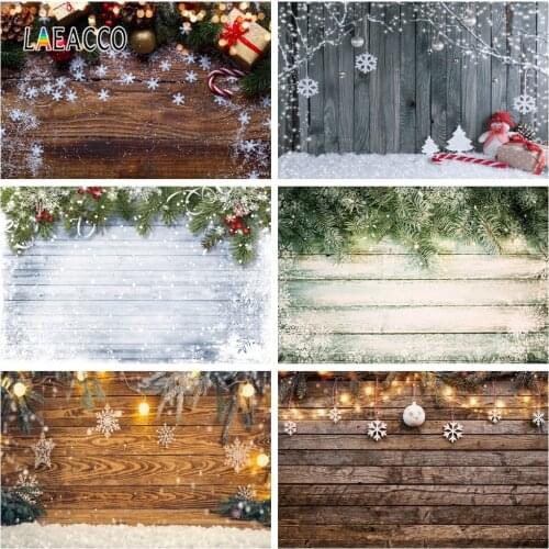 Dreamy Christmas Backdrops Wooden Board Pines Snowflake Lights Ball Photography Backgrounds Winter Photophone For Photo Studio