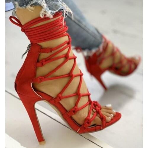 Hot Summer Woman Cross Lace Up Cage Rope Sandals Woman Red Green White Pink Gladiator Thin Heel Sexy Party Sandals Shoes