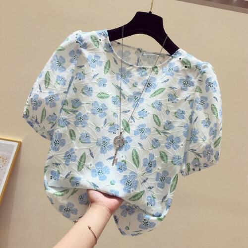 Chiffon shirt women short-sleeved 2021 new fashion temperament casual round neck printed shirt Western style all-match