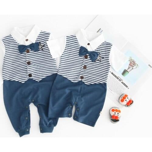 Blue Striped Gentle Bow Tie Baby Boy Cotton Rompers Five Star Baby Body Suits Fake Two Pieces Grace Kids Clothing Sets Bebe