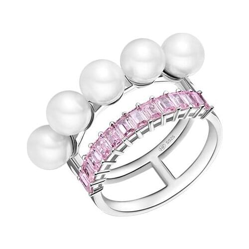 SLJELY Fashion Lovely 925 Sterling Silver Pink Zircon Double Ring with Pearls Stones Women Girls Luxury Brand Jewelry Gift