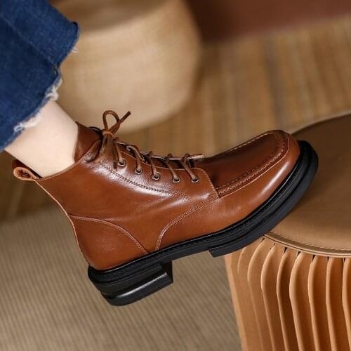 2021 winter Genuine Leather Women Boots fashin ZIP Ankle Boots Round Toe Thick Heel Platform Shoes Cross-tied Women Shoes