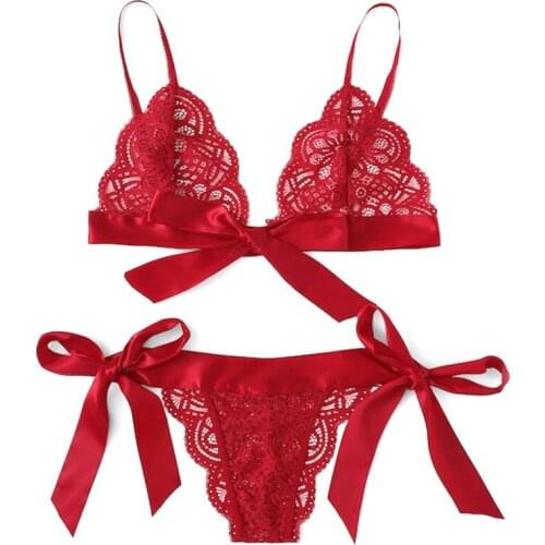 Women Bras Christmas Flirt Sexy Lingerie Female Underwear Suit Bow Lace Three Point Valentines Day Clothes Brassiere Exotic Set
