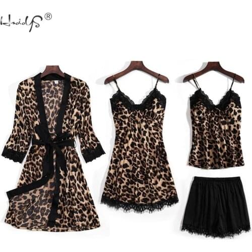 Women Robe and Chemise Nightgown Set Leopard Pyjamas Femme Pajamas Soft-Stretch Knit Pijama Mujer Sleepwear Robe Nightgown Sets