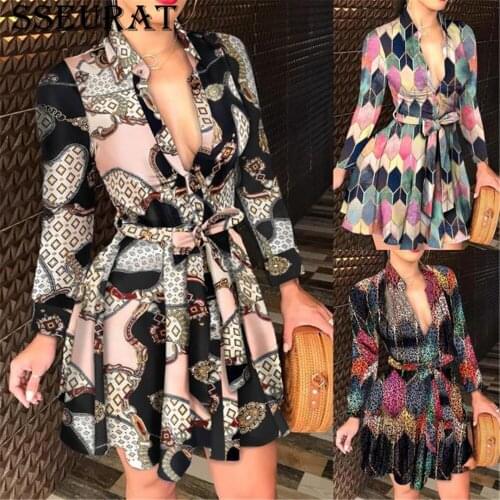 SSEURAT Women Spring Autumn Long Sexy Blouse Dress Full Sleeve Flower Print Sashes Mini Elegant Party Ball Gown Dress