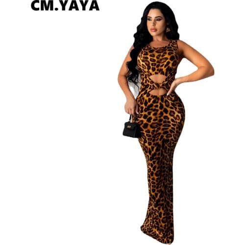 CM.YAYA Women Long Dress Print Sleeveless O-neck Cut Out Strechy Maxi Midi Dresses Sexy Night Club Party Vestidos Summer Outfits