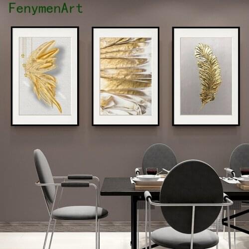 Golden Abstract Canvas Painting Gold Foil Feather Leaf Picture Modern Wall Art Picture For Office Living Room Decor
