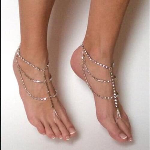 1pcs Fashion Silver Color Multilayer Crystal Chain Toe Ring Anklets For Women Summer Beach Barefoot Sandals Foot Jewelry Anklets