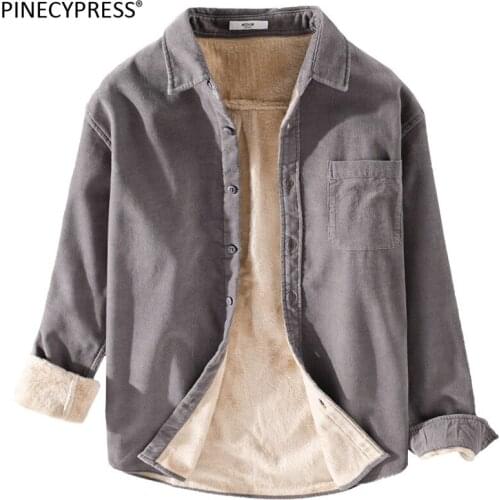 100% Cotton Quality Thick Fleece Man Corduroy Autumn Winter Turn Down Collar Long Sleeve Male Pocket Grey Casual Men Shirts