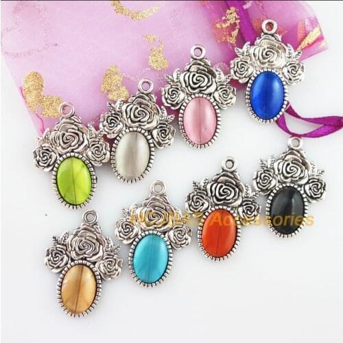 8 New Rose Charms Tibetan Silver Tone Retro Mixed Cat eye Stone Pendants 23x32mm