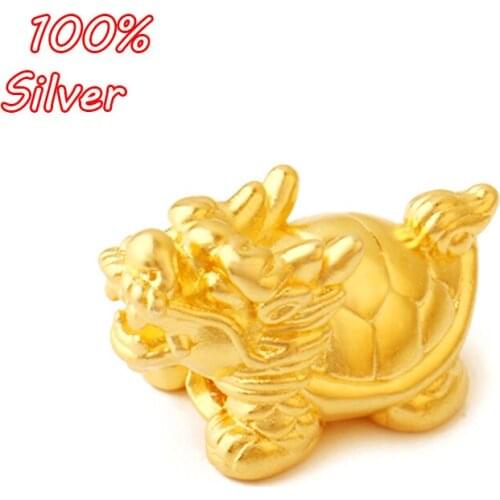 Authentic S925 Sterling Silver Color 3D Hard Silver Red Rope Beaded Bracelet Beads DIY Gold-plated Dragon Turtle Accessories