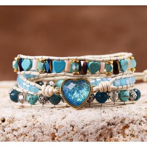 Blue Opal Heart Bracelets Life Tree Clasp Couple Reiki Healing Yoga Bangles