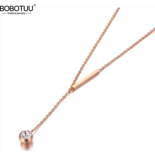 BOBOTUU Office Style Titanium Stainless Steel CZ Crystal Chain Choker Necklace Rose Gold Pendant Necklace For Women BN20110