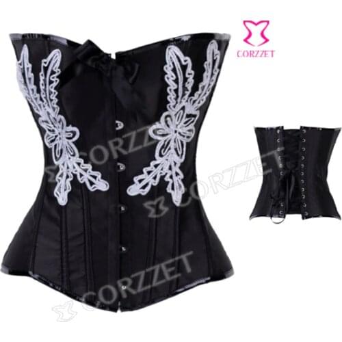 Black Satin White Floral Appliques Gothic Corset Top Corpete Fashion Women Corselet Overbust Bustier & Corset
