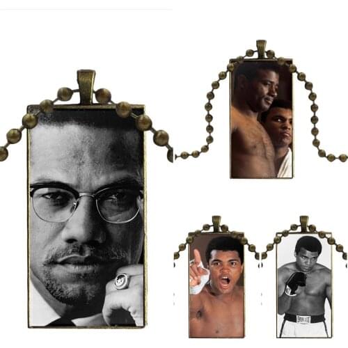 For Child 2019 Usa Boxing Star Muhammad Ali Fashion Glass Cabochon Pendant Necklace Women Bronze Color Choker Rectangle Necklace