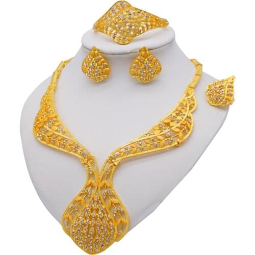 Dubai 24K Gold Crystal Jewelry Sets For Women African Bridal Wedding Gifts Party Necklace Earrings Ring Bracelet Jewellery Set